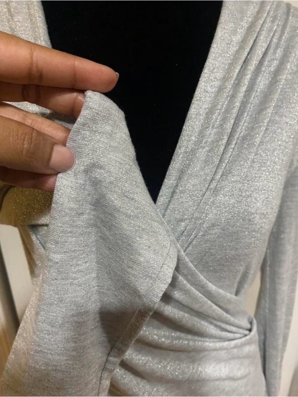 Ann Taylor Shimmery Silver Long-Sleeve Faux-Wrap Blouse - Picture 5 of 6